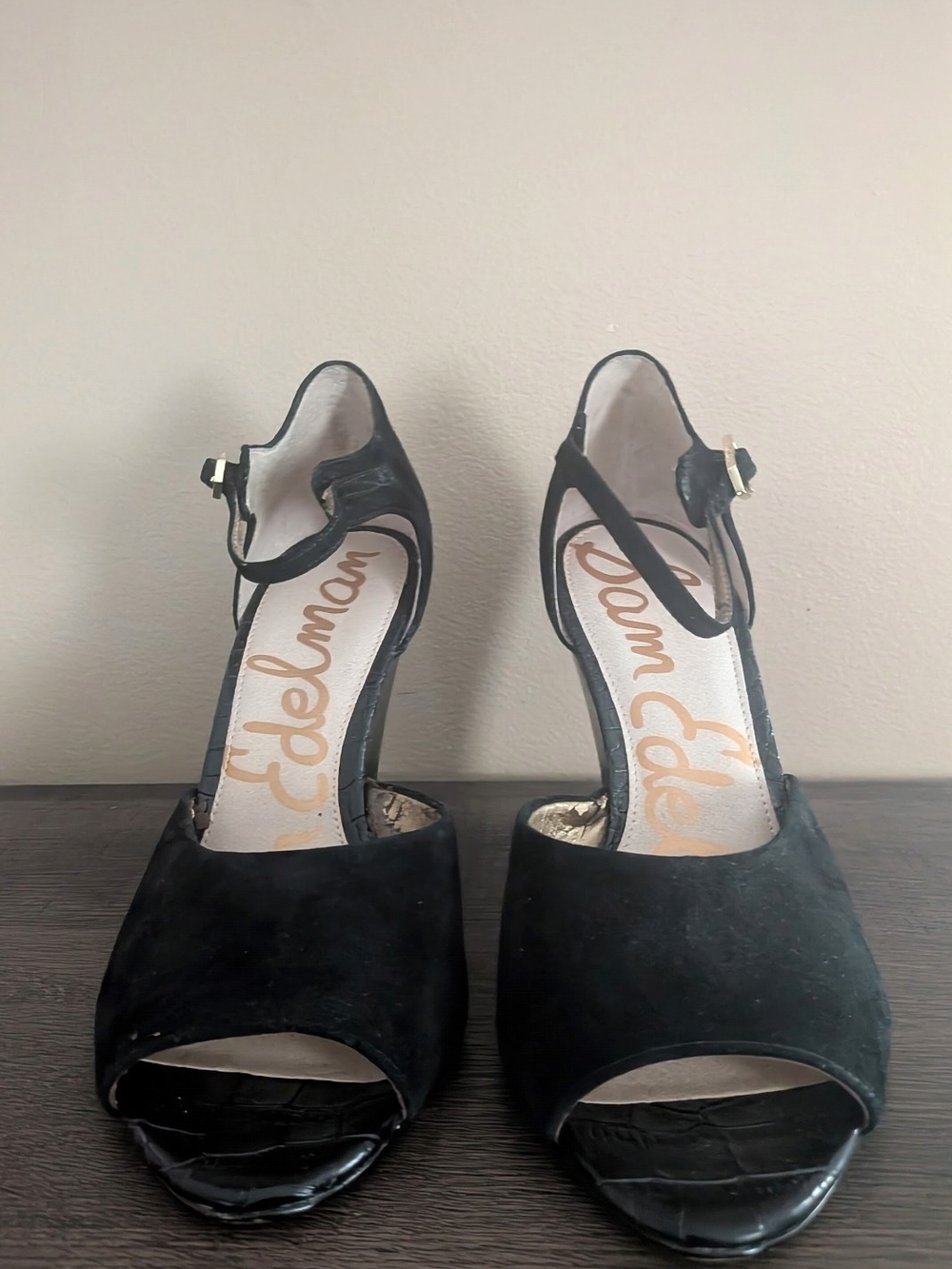 Sam Edelman Black Suede Peep-Toe Ankle Strap Heels Size 8